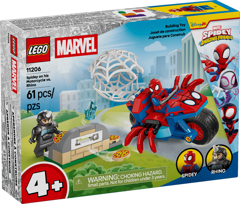 The Lego® Spidey on his motorcycle vs Rino