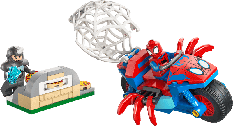 The Lego® Spidey on his motorcycle vs Rino