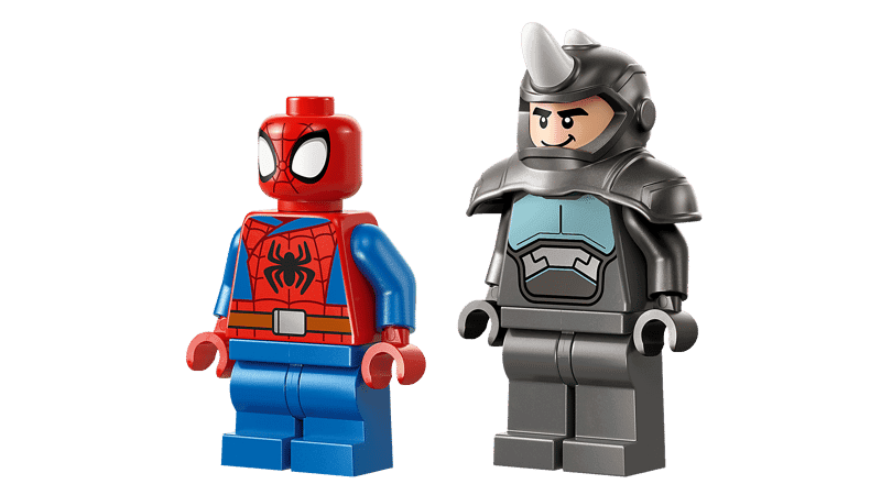 The Lego® Spidey on his motorcycle vs Rino