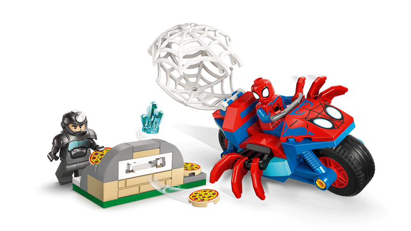 The Lego® Spidey on his motorcycle vs Rino