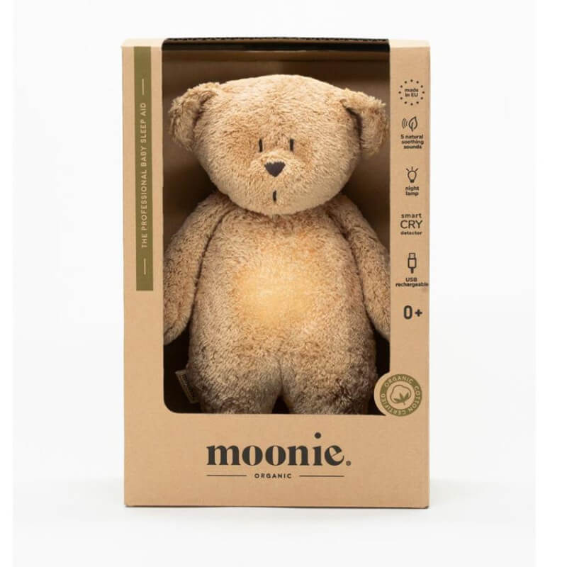 MOONIE 2.0: Επαναφορτιζόμενο βοήθημα ύπνου με ηχογράφηση & αισθητήρα κλάματος – Οργανικό βαμβάκι Cappucino